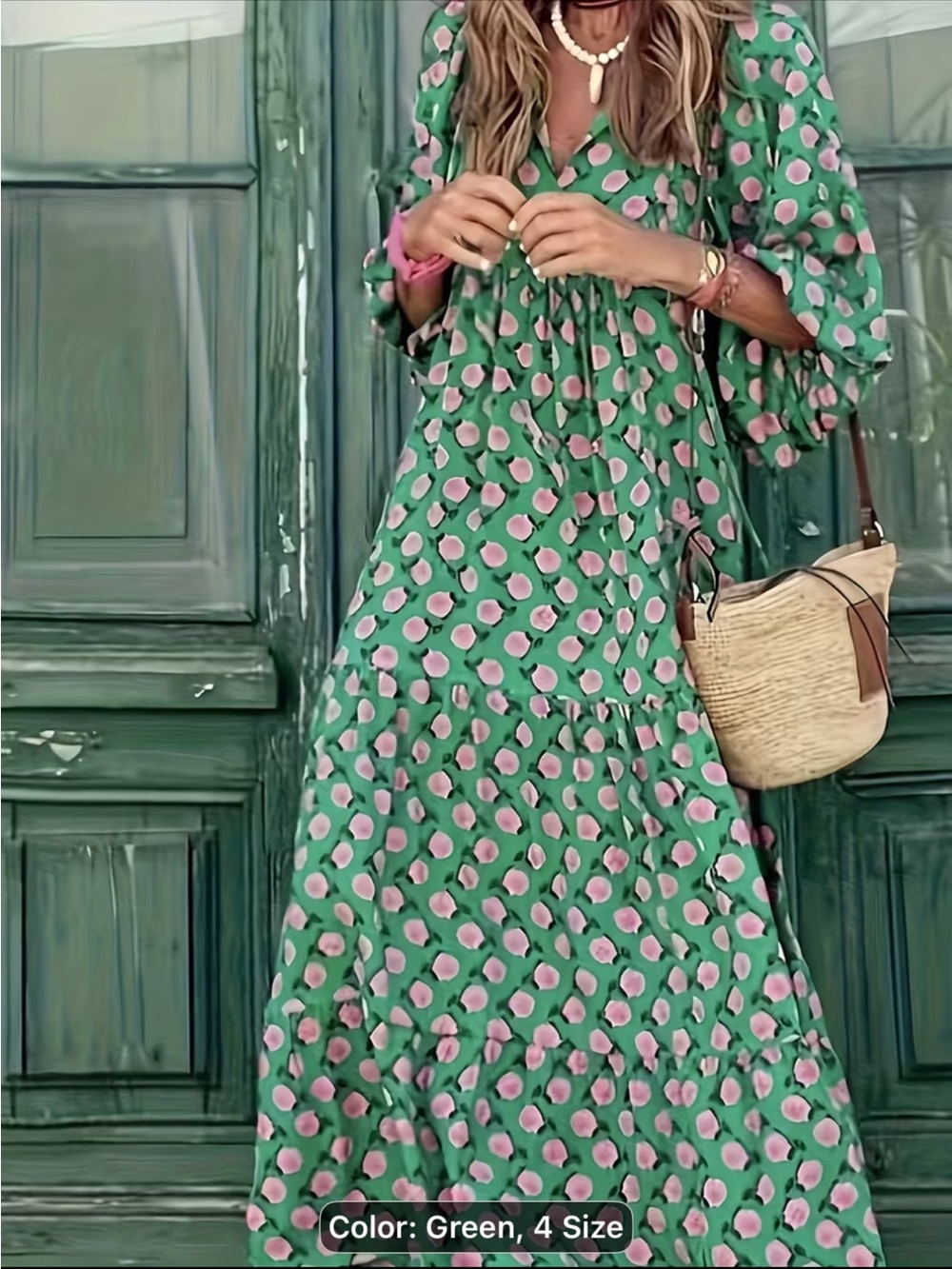 Green with Pink Floral Maxi Dress